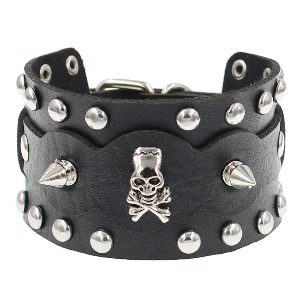 2024 Punk Skull Star Bracelet Personality PU Leather Three Rows Spikes Square Stud Bracelets Bangle For Women Man