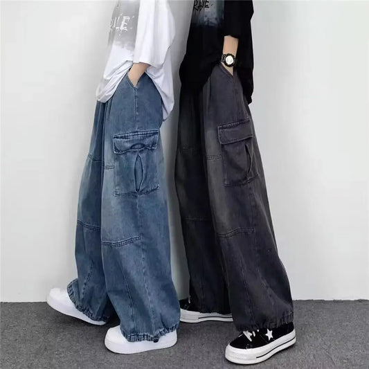 Spring And Autumn Vintage Wide Leg Big Pocket Overalls Men Y2K Neutral Loose Straight Leg Casual High Street Hip Hop Jeans