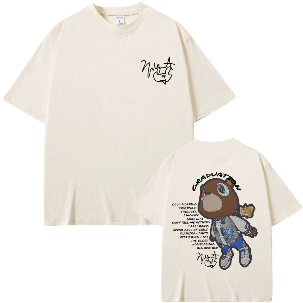 Rapper Kanye West Graduation Bear Double Sided Print T Shirt Men Women Fashion Hip Hop Oversized T-shirt Men's Cotton T-shirts