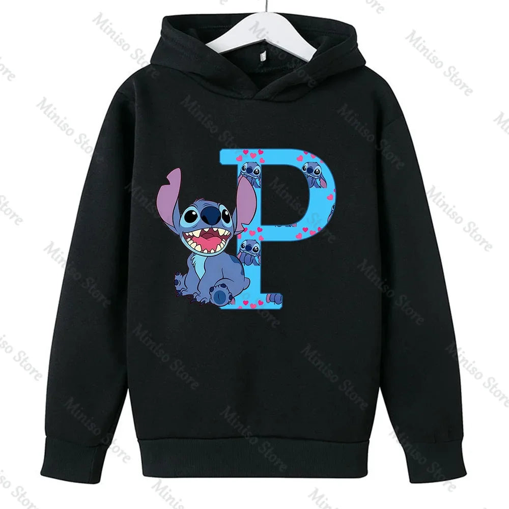 Children Hoodies Stitch Letter ABCD Kawaii Fashion Pullover Sweatshirt Anime Manga Cartoons Girls Boy Kids Casual Clothes Tops