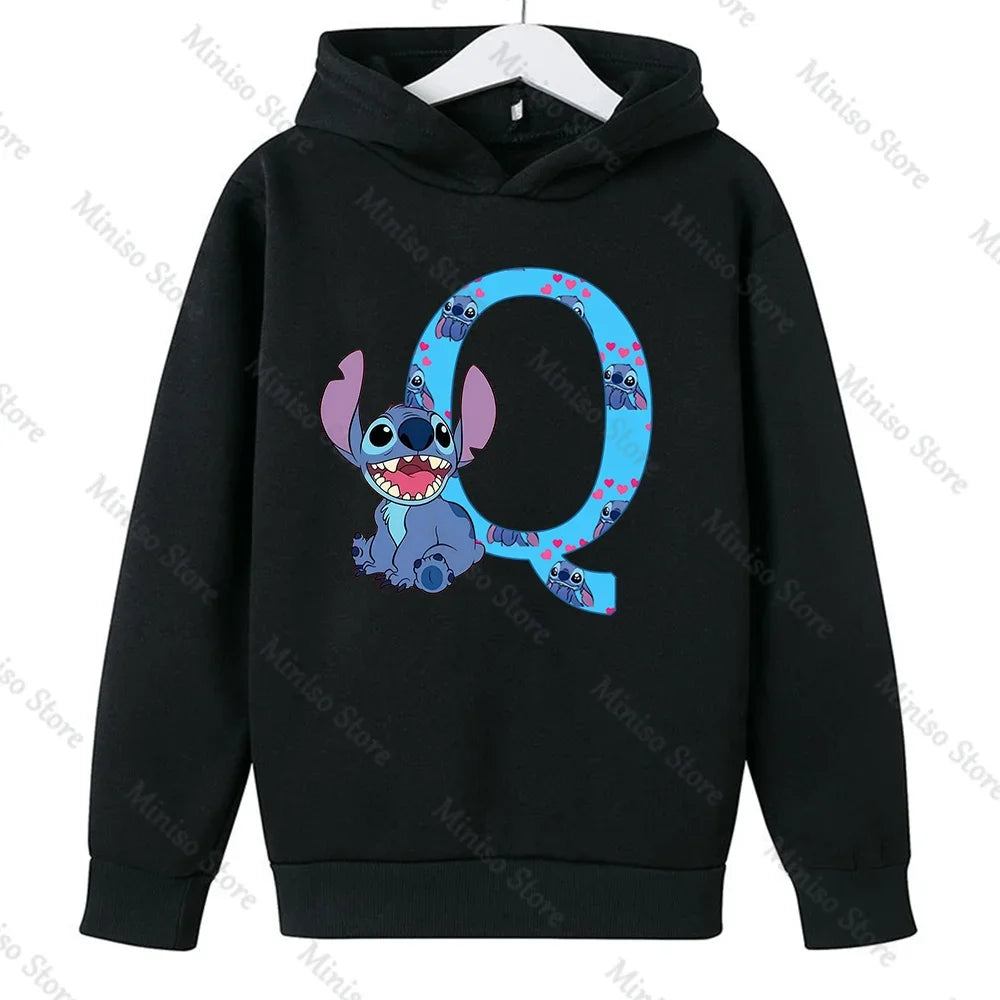 Children Hoodies Stitch Letter ABCD Kawaii Fashion Pullover Sweatshirt Anime Manga Cartoons Girls Boy Kids Casual Clothes Tops