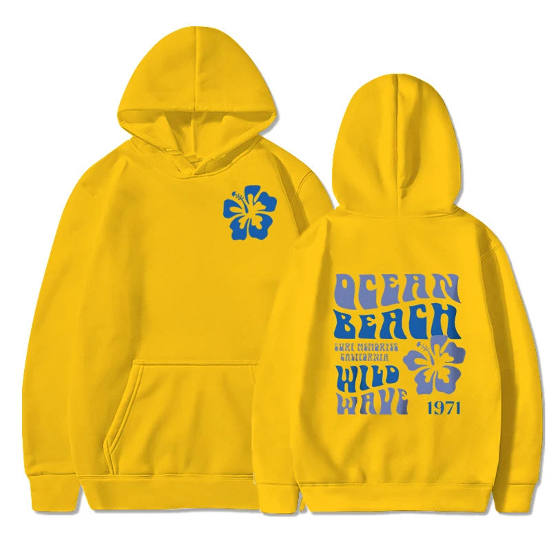 Ocean Beach Wild Wave Print Hoodie Women Vintage Long Sleeve Floral Letter Hooded Fashion Aesthetics Chasing Sunsets Sweatshirt