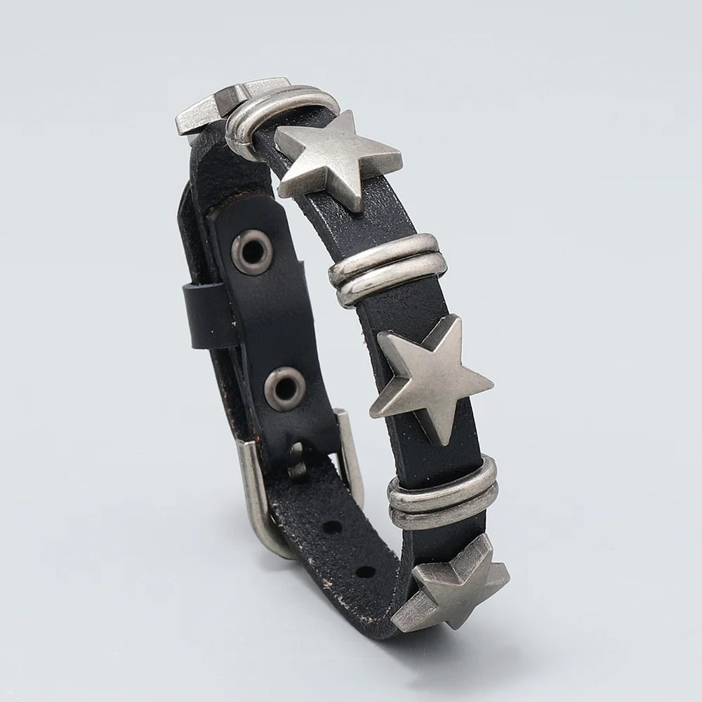 2024 Punk Skull Star Bracelet Personality PU Leather Three Rows Spikes Square Stud Bracelets Bangle For Women Man