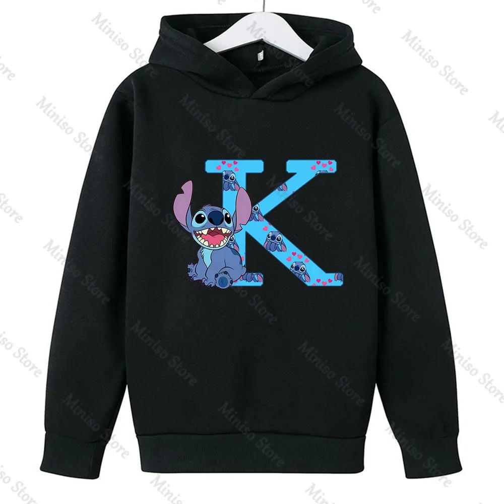 Children Hoodies Stitch Letter ABCD Kawaii Fashion Pullover Sweatshirt Anime Manga Cartoons Girls Boy Kids Casual Clothes Tops