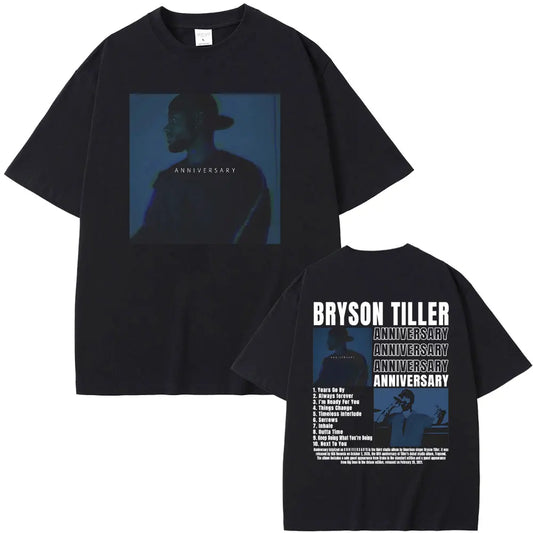 Rapper Bryson Tiller ANNIVERSARY Double Sided Print Tshirt Male Hip Hop Streetwear Oversized T-shirts Men's Casual Vintage Tees