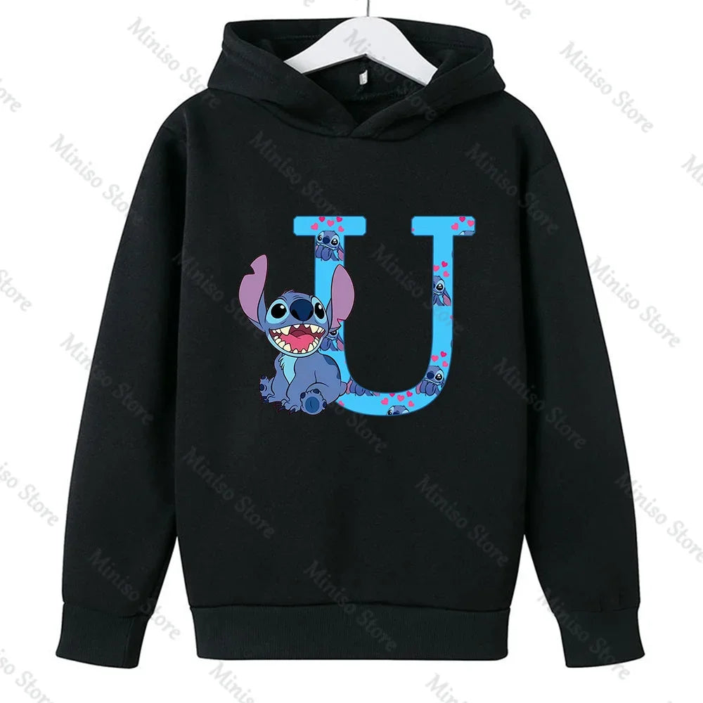 Children Hoodies Stitch Letter ABCD Kawaii Fashion Pullover Sweatshirt Anime Manga Cartoons Girls Boy Kids Casual Clothes Tops