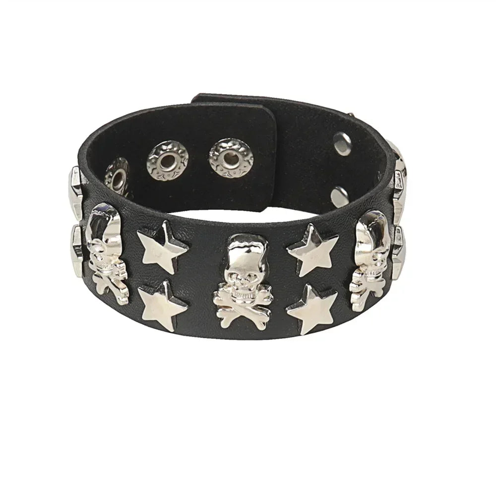 Punk Hip Hop Rock PU Leather Bracelet Unisex Trendy Chain Skull Pentagram Rivet Bracelet Party Jewelry Accessories