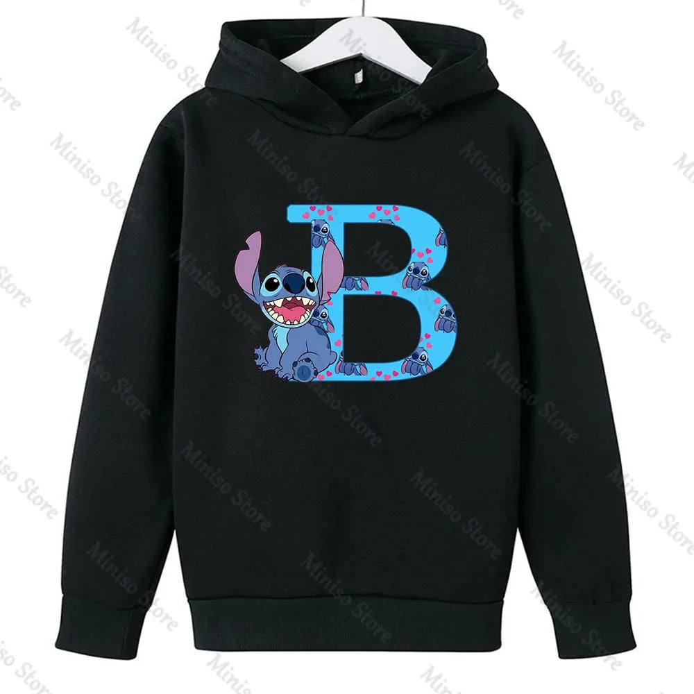 Children Hoodies Stitch Letter ABCD Kawaii Fashion Pullover Sweatshirt Anime Manga Cartoons Girls Boy Kids Casual Clothes Tops