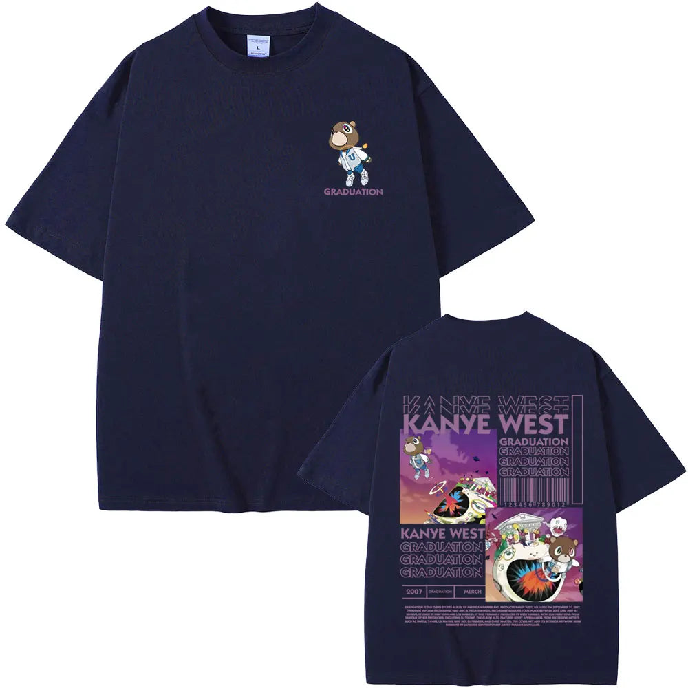 Rapper Kanye West Graduation Bear Double Sided Print T Shirt Men Women Fashion Hip Hop Oversized T-shirt Men's Cotton T-shirts