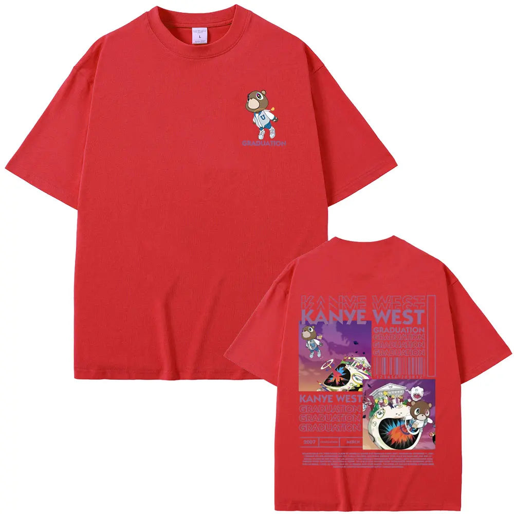 Rapper Kanye West Graduation Bear Double Sided Print T Shirt Men Women Fashion Hip Hop Oversized T-shirt Men's Cotton T-shirts