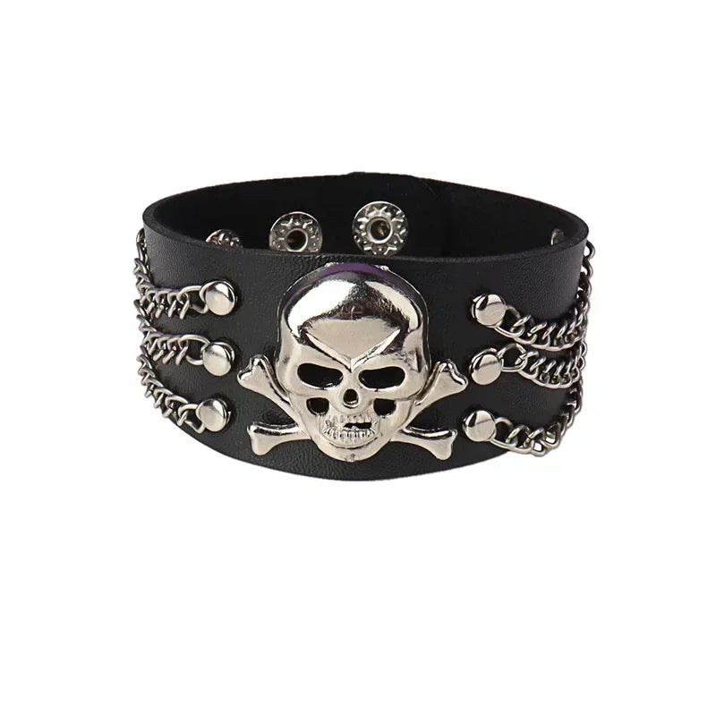 Punk Hip Hop Rock PU Leather Bracelet Unisex Trendy Chain Skull Pentagram Rivet Bracelet Party Jewelry Accessories