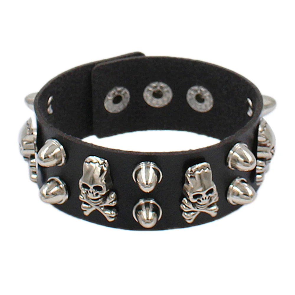 2024 Punk Skull Star Bracelet Personality PU Leather Three Rows Spikes Square Stud Bracelets Bangle For Women Man