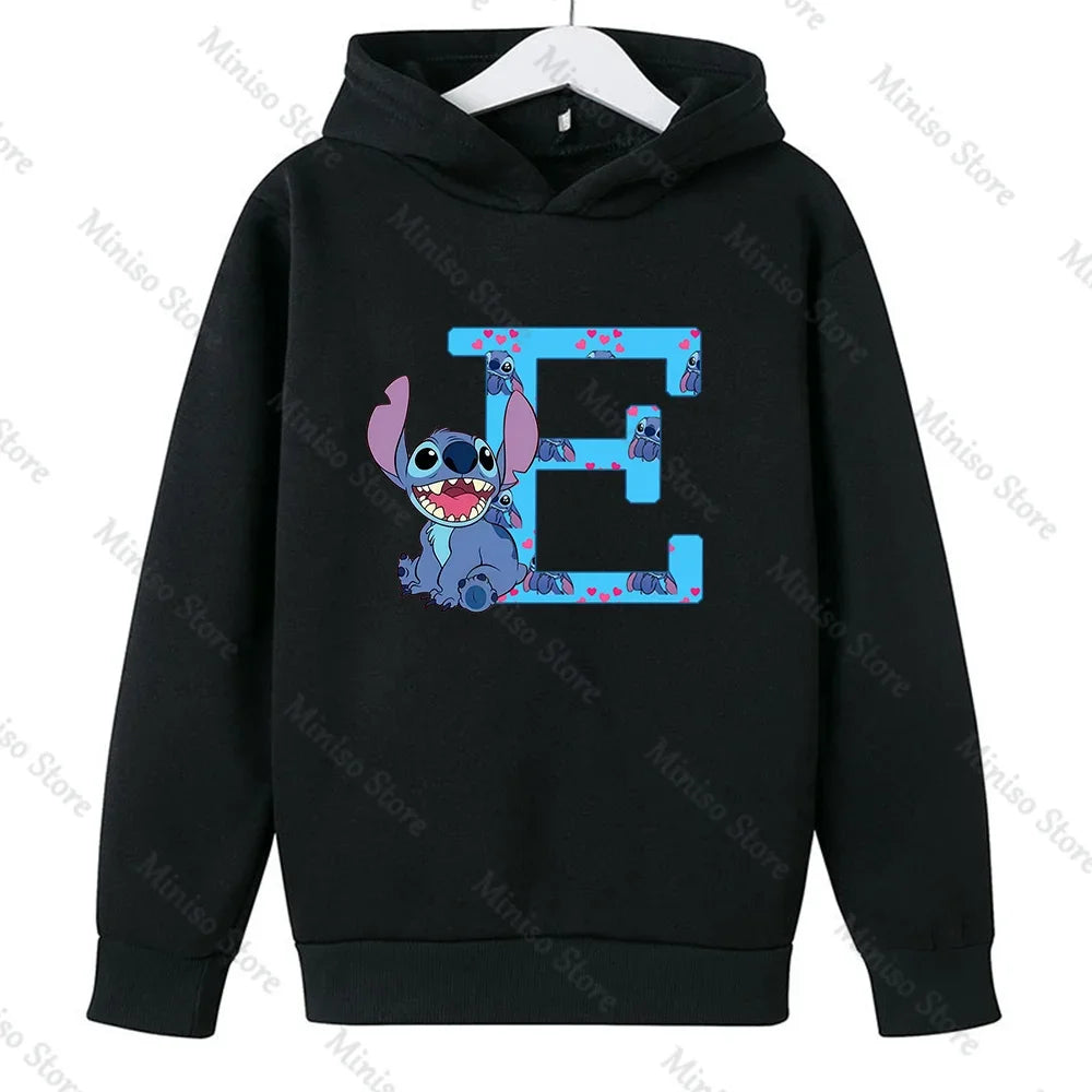 Children Hoodies Stitch Letter ABCD Kawaii Fashion Pullover Sweatshirt Anime Manga Cartoons Girls Boy Kids Casual Clothes Tops