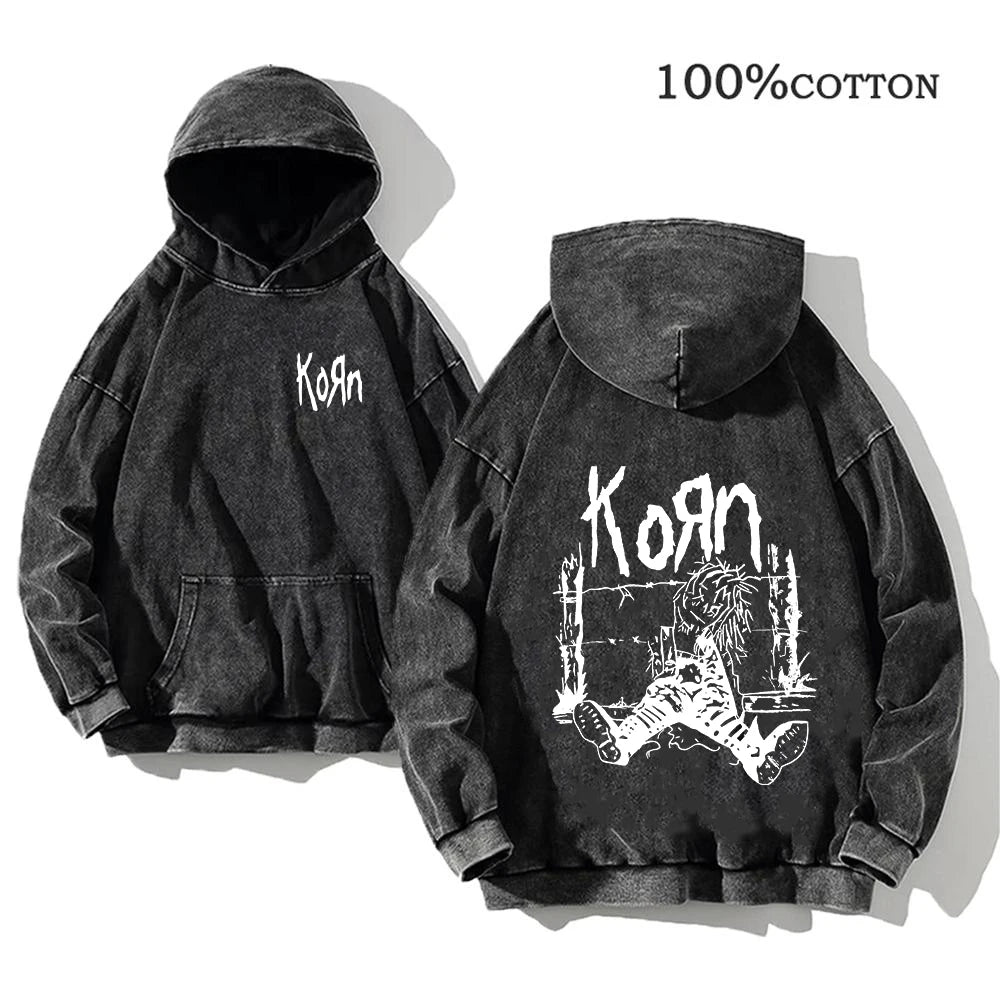 Korn Rock Band World Tour Hoodies Vintage Washed Men's Sweatshirts Cotton Hip Hop Streetwear Hooded Pullover Loose Y2K Tops