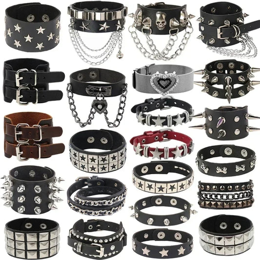 Punk Hip Hop Rock PU Leather Bracelet Unisex Trendy Chain Skull Pentagram Rivet Bracelet Party Jewelry Accessories