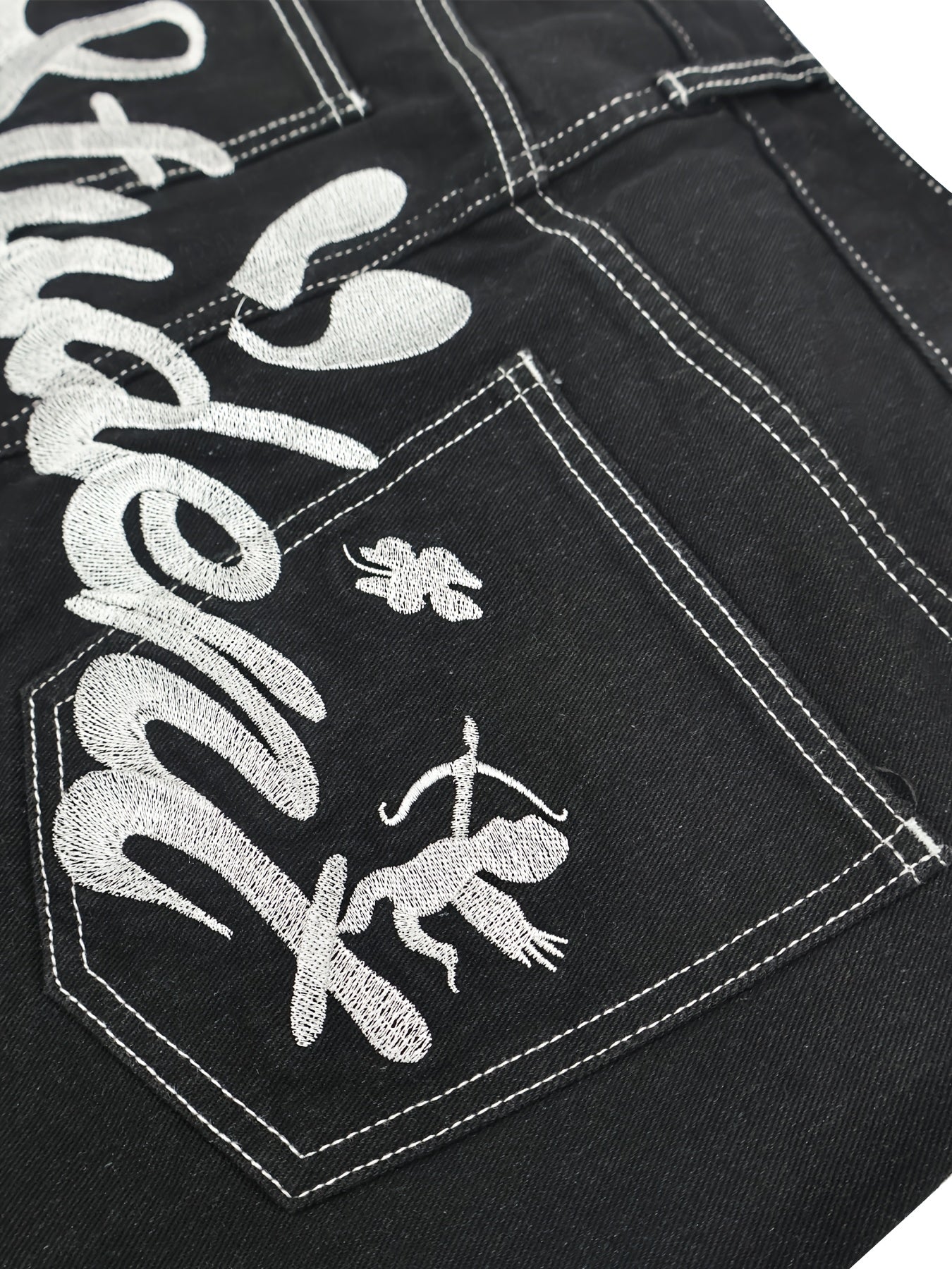 Y2K-Inspired Men's Embroidered Denim Shorts - Casual Knee-Length with Letter Design, Cotton Blend, Machine Washable