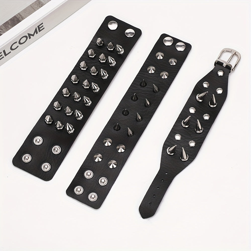 9-Piece Unisex Punk Rock PU Leather Spiked Rivet Adjustable Bangle Cuffs - Fashionable Wristbands for Women and Men - Y2K Inspired, Rock Chic, Comfortable, and Versatile Accessory